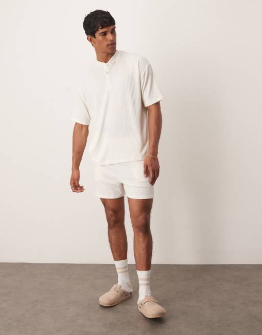ASOS DESIGN oversized henley rib lounge set in cream