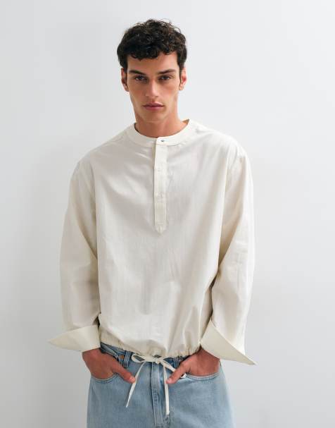 ASOS DESIGN oversized henley shirt with drawcord hem in off white - view 1