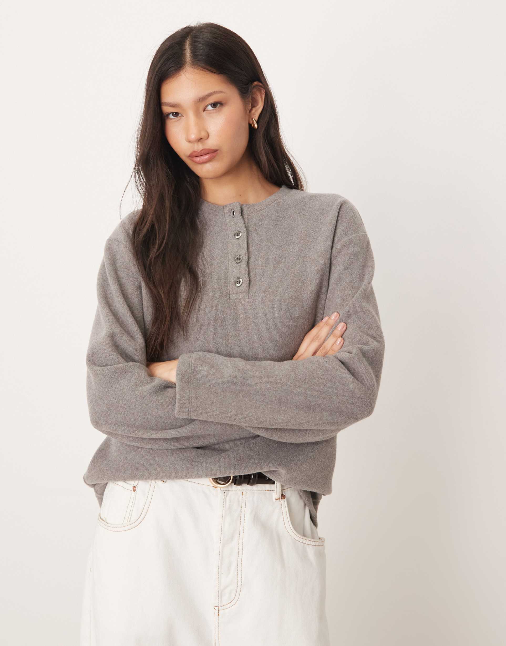 asos design oversized henley super soft sweater in gray