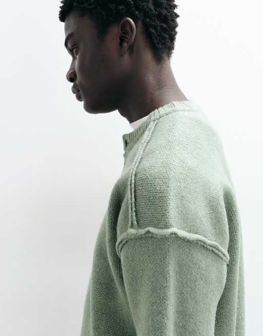 ASOS DESIGN oversized henley sweater in sage green heather with exposed seams, 4 of 5