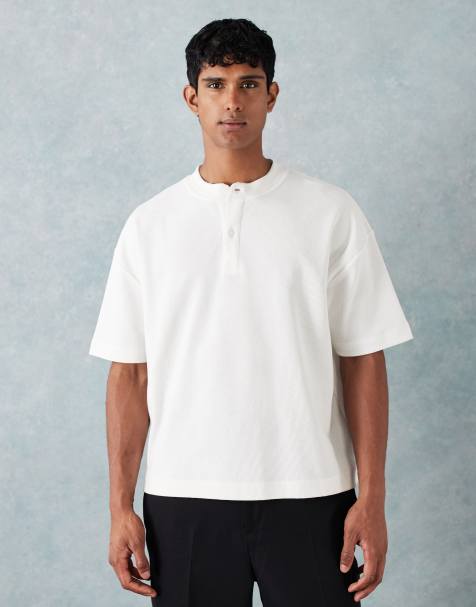 ASOS DESIGN oversized henley t-shirt in white texture - view 1
