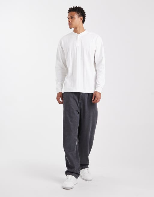ASOS DESIGN - Oversized henley T-shirt met lange mouwen en brede ribbels in wit, 2 van 6