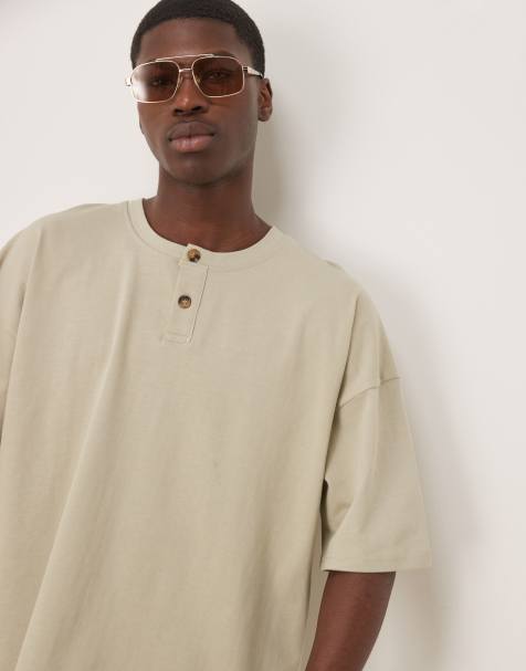 ASOS DESIGN - Oversized Henley T-shirt met verlaagde korte schouders in groen - view 1
