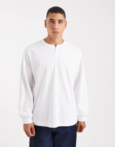 ASOS DESIGN - Oversized Henley T-shirt van zware kwaliteit met lange mouwen in wit - view 1