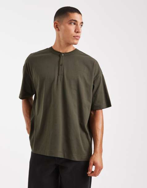 ASOS DESIGN oversized henley T-shirt with half sleeve in green - view 1