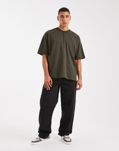 ASOS DESIGN oversized henley t-shirt with half sleeve in green - view 2