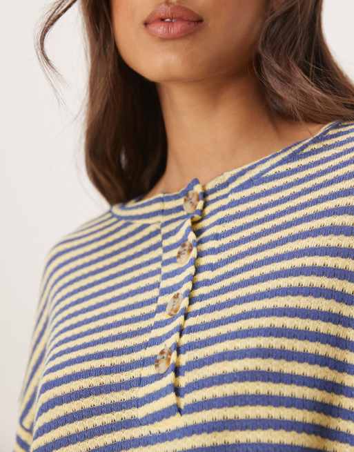 ASOS DESIGN - Oversized henley top in blauwe en gele strepen, deel van co-ord set, 2 van 4