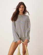 Lioness Bloom long sleeve crew neck boxy T-shirt in beige & navy stripe