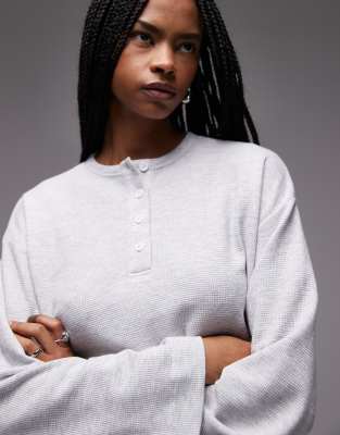 Asos Design Oversized Henley Waffle Knit Sweatshirt In Gray