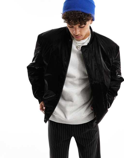 ASOS Oversized Real Leather Bomber Jacket in Black for Men