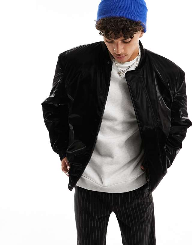 ASOS DESIGN - oversized high shine bomber jacket in black