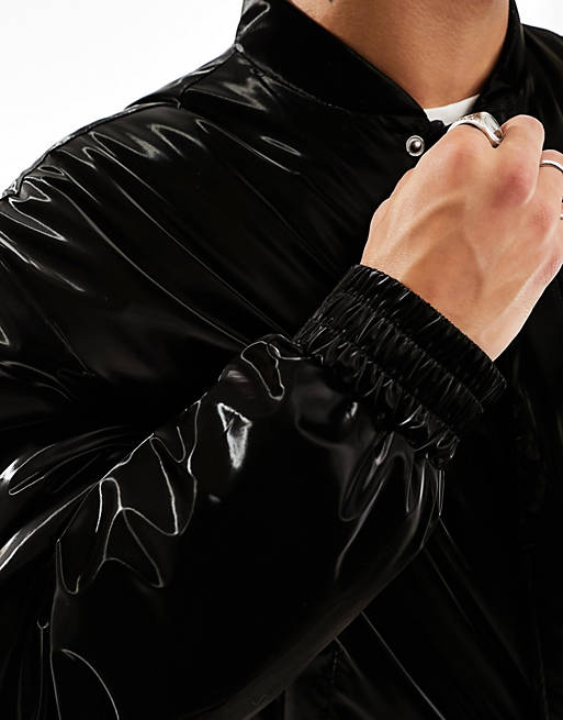 ASOS DESIGN oversized high shine bomber jacket in black