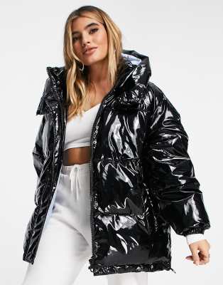 ASOS DESIGN oversized high shine puffer jacket with hood in black - BLACK