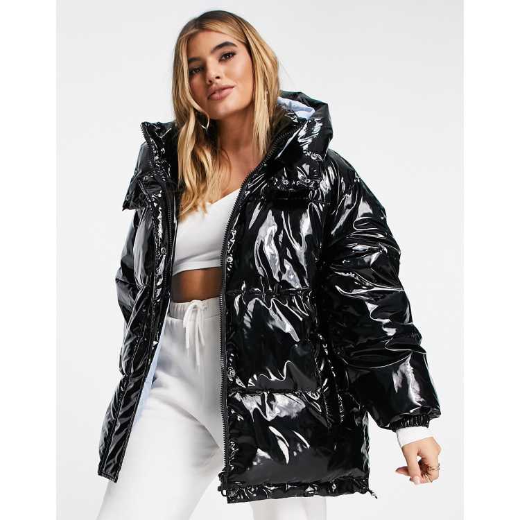 High shine long store puffer jacket