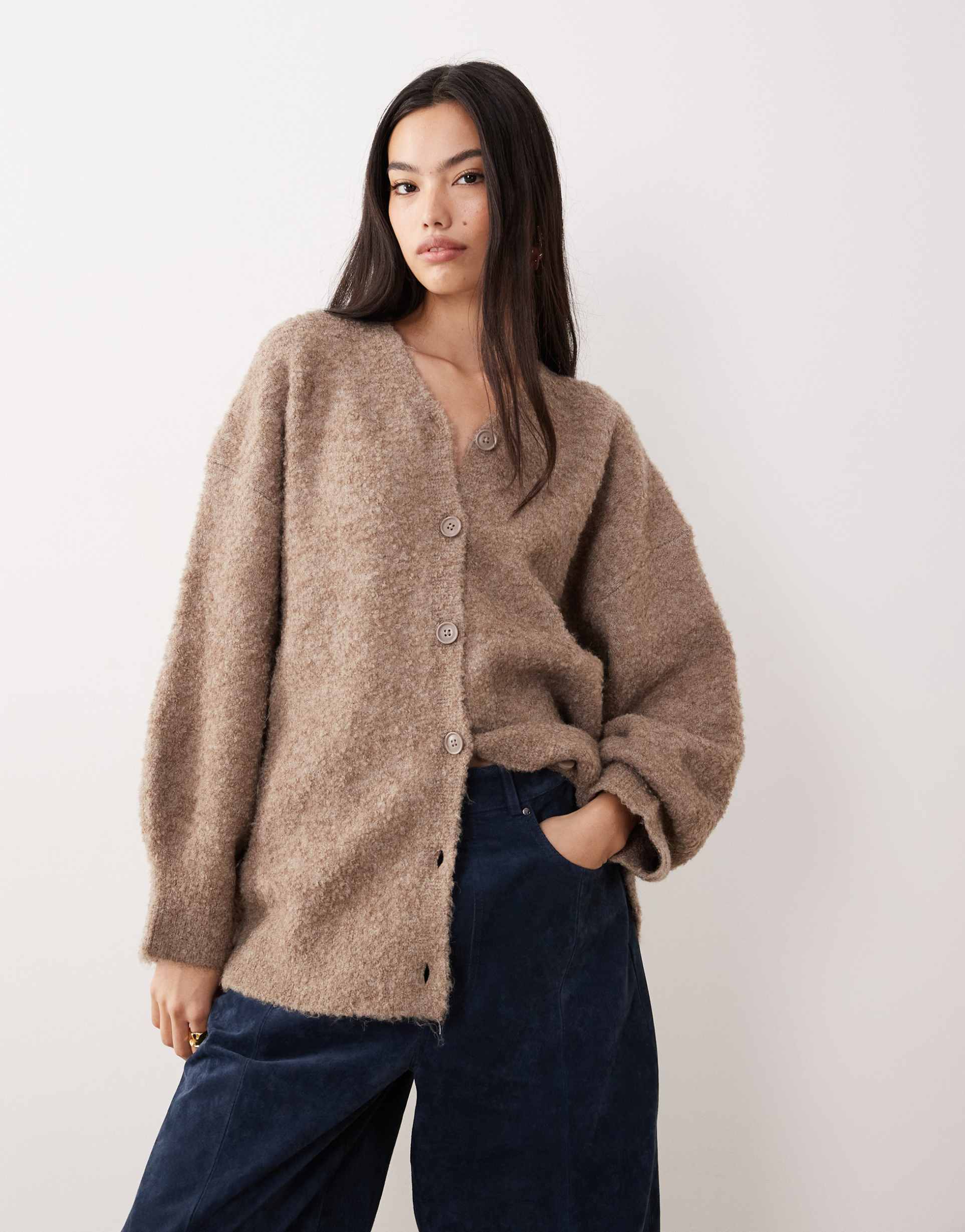 asos design oversized high v neck boyfriend boucle cardigan in mushroom