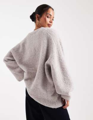 Asos Design Oversized High V Neck Boyfriend Boucle Cardigan In White