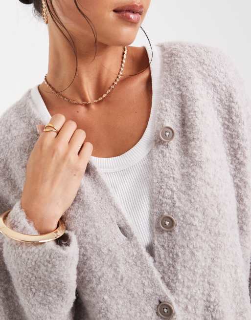 ASOS DESIGN oversized high v neck boyfriend cardigan in boucle in mushroom