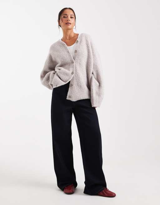 ASOS DESIGN oversized high v neck boyfriend cardigan in boucle in mushroom