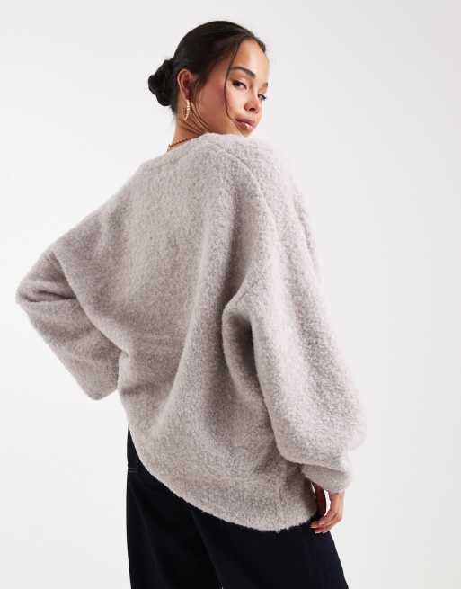 ASOS DESIGN oversized high v neck boyfriend cardigan in boucle in mushroom