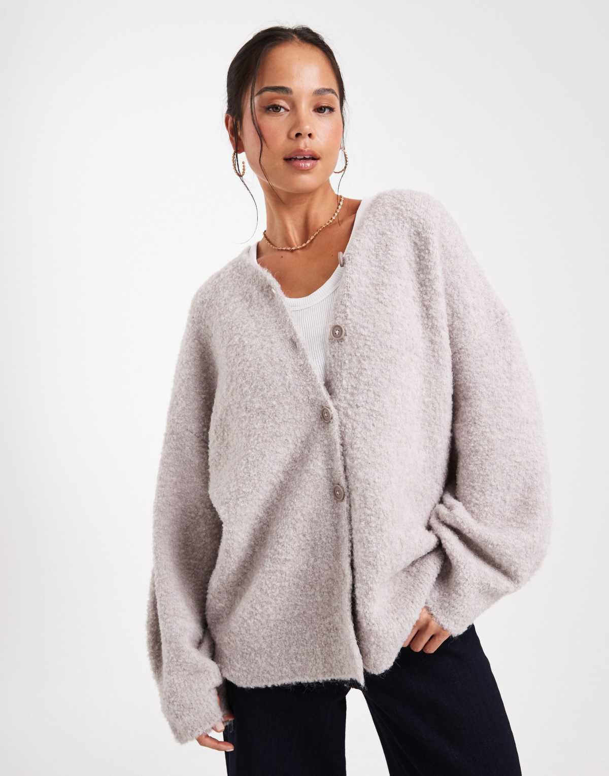 ASOS DESIGN oversized high v neck boyfriend cardigan in boucle in mushroom