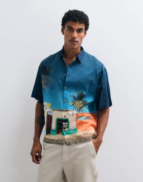 ASOS DESIGN oversized holiday print shirt with linen in blue - view 1