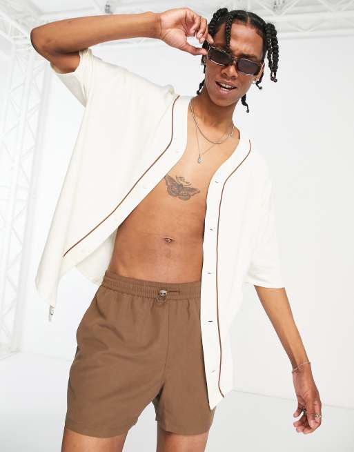 ASOS DESIGN - Oversized honkbaloverhemd in crème met een gekleurd randje in bruin