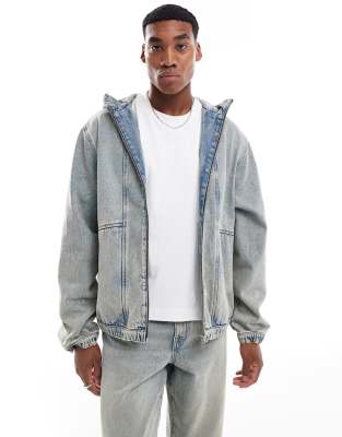 oversized hooded denim jacket-Blue