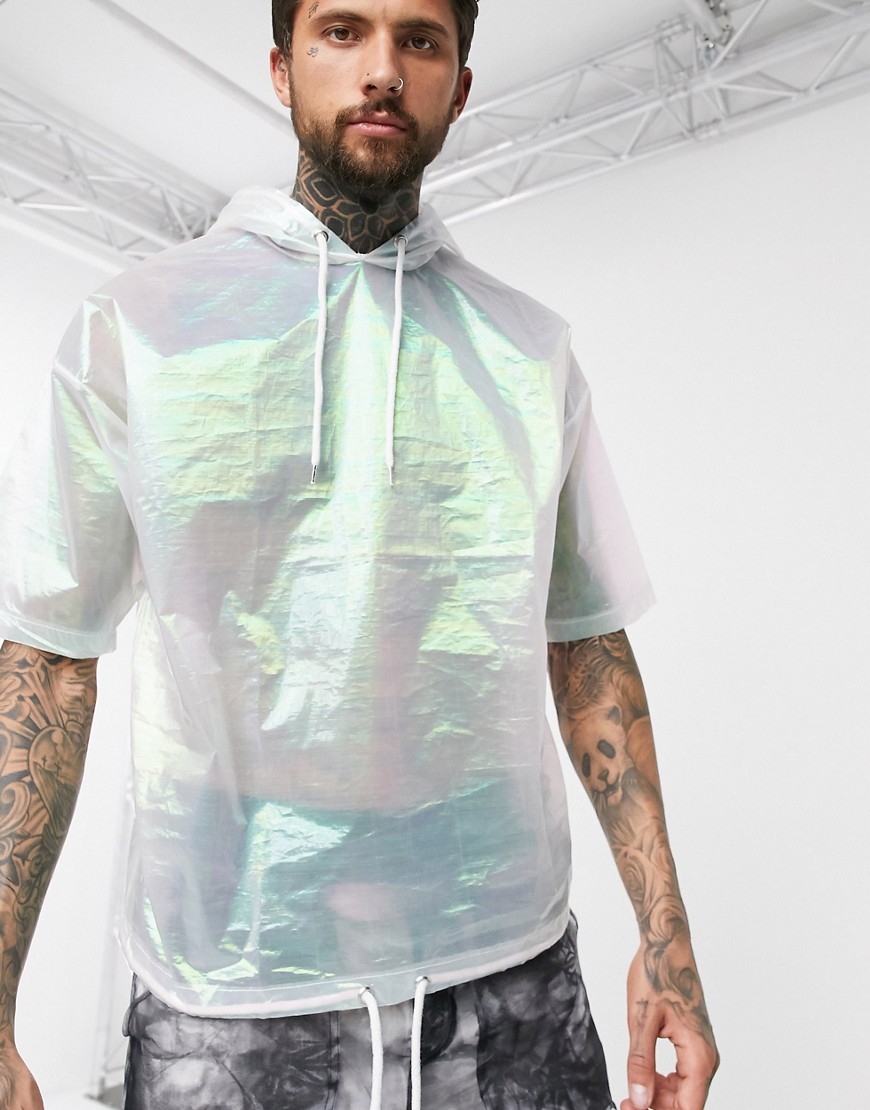 ASOS DESIGN oversized hooded t-shirt with half sleeve in iridescent woven fabric-White