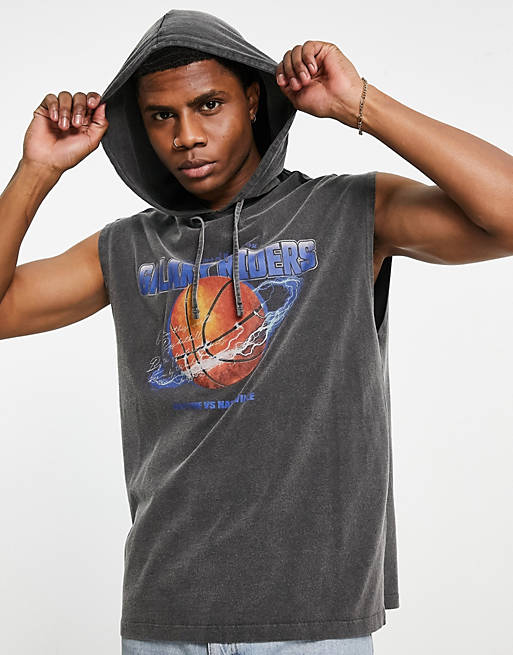  oversized hooded vest in washed black with basketball varsity front print 