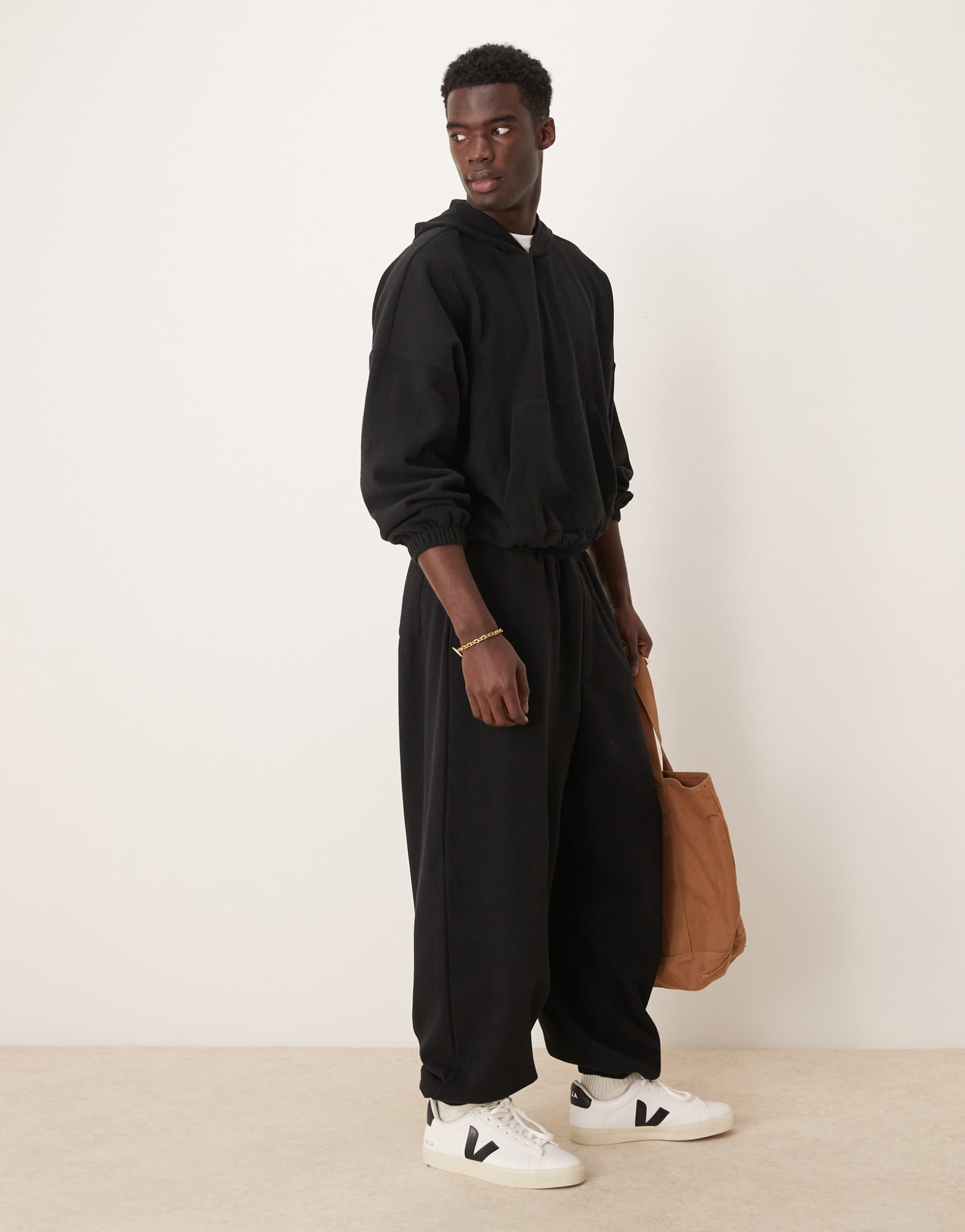 ASOS DESIGN oversized hoodie and jogger in heavyweight brushed rib in black - view 1