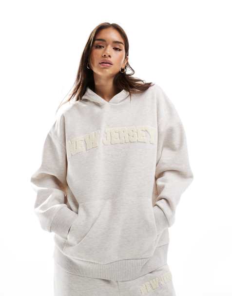 ASOS DESIGN oversized hoodie co-ord with chenille New Jersey graphic in oatmeal marl - view 1
