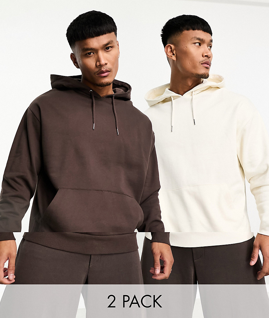 ASOS DESIGN oversized hoodie dark brown/soft white in 2 pack-Multi