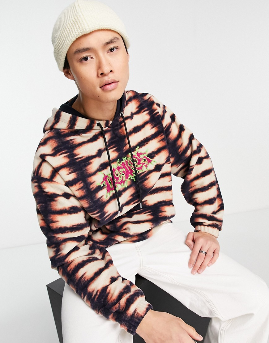 ASOS DESIGN oversized hoodie in all over print fleece with front text embroidery-Multi