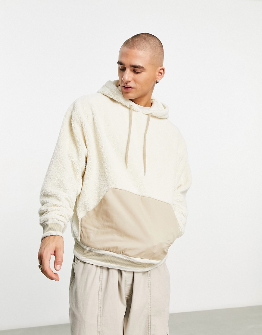 Asos Design Oversized Hoodie In Beige Micro Borg With Contrast Pocket-neutral