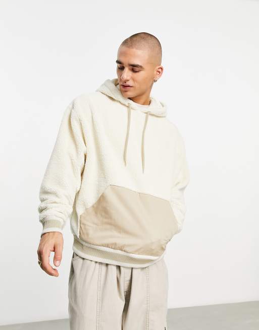 ASOS DESIGN oversized hoodie in beige micro borg with contrast pocket ...