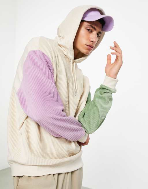 ASOS DESIGN oversized hoodie in beige ribbed velour colour-block (Part of a set)