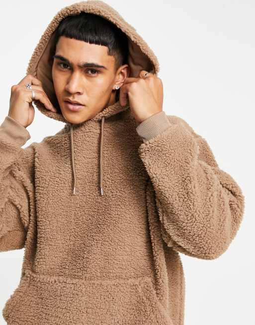 ASOS DESIGN oversized hoodie in beige teddy borg