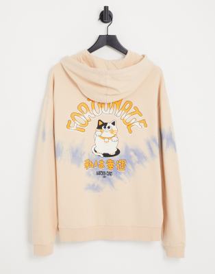 ASOS DESIGN OVERSIZED HOODIE IN BEIGE TIE DYE WITH BACK FORTUNATE CAT PRINT-MULTI 