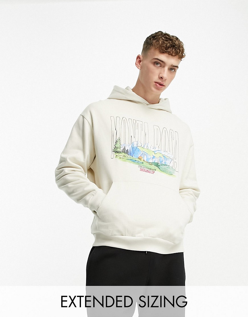 ASOS DESIGN oversized hoodie in beige with watercolour mountain print-White