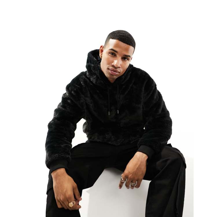 Mens black fur hoodie sale