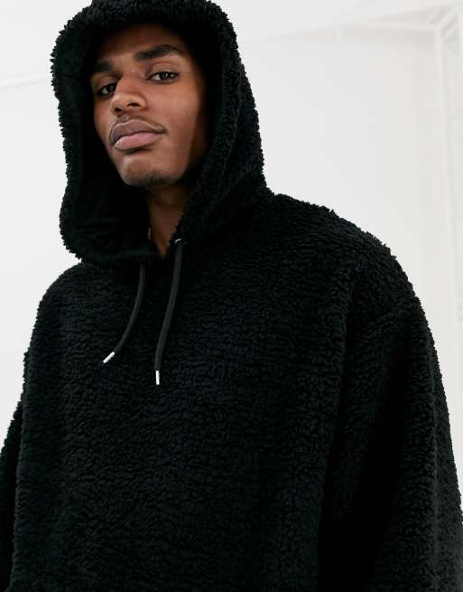 ASOS DESIGN oversized hoodie in black teddy borg