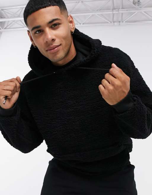 ASOS DESIGN oversized hoodie in black teddy borg