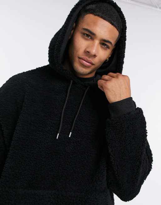 ASOS DESIGN oversized hoodie in black teddy borg