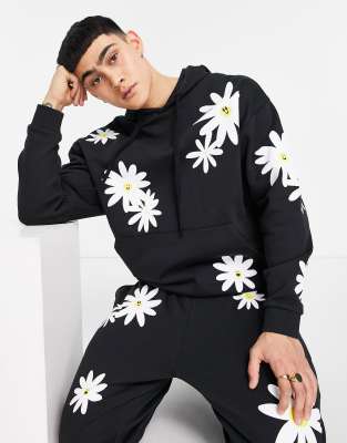 ASOS DESIGN oversized hoodie in black with all over daisy prints - part of a set