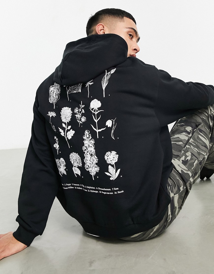 ASOS DESIGN oversized hoodie in black with floral line drawing chest & back print