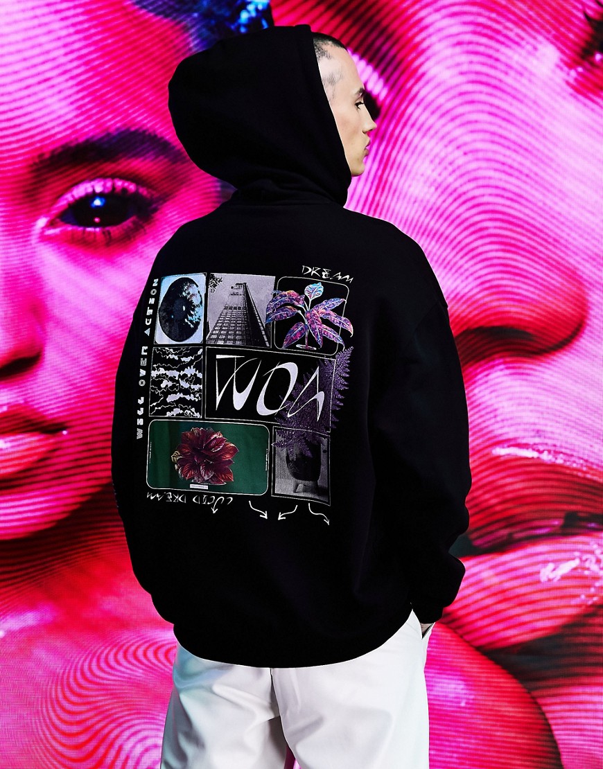 ASOS DESIGN oversized hoodie in black with multi placement graphics