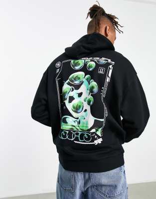 ASOS Dark Future Oversized Hoodie with Back Renaissance-Style Graphic Puff Print in Washed Black