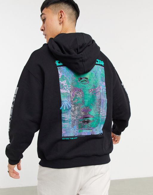 ASOS DESIGN oversized hoodie in black with reflective multi placement prints