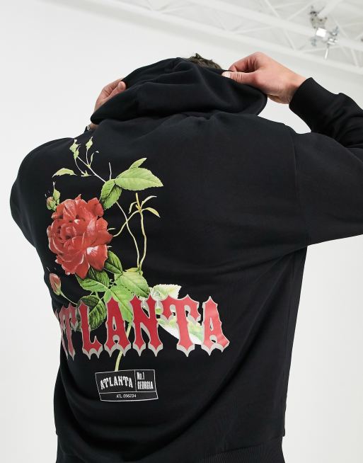 ASOS DESIGN oversized hoodie in black with rose back print and gothic text