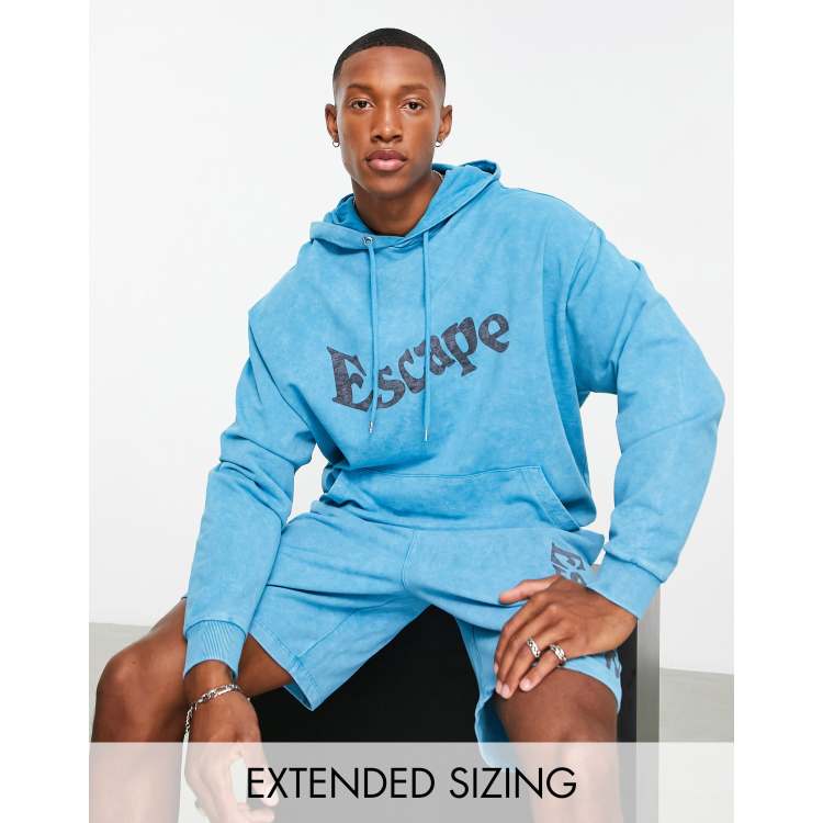 ASOS DESIGN oversized hoodie in blue acid wash with text print - part of a  set